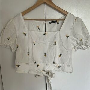 Puff Sleeve Tie Back 100% Cotton Cropped Blouse